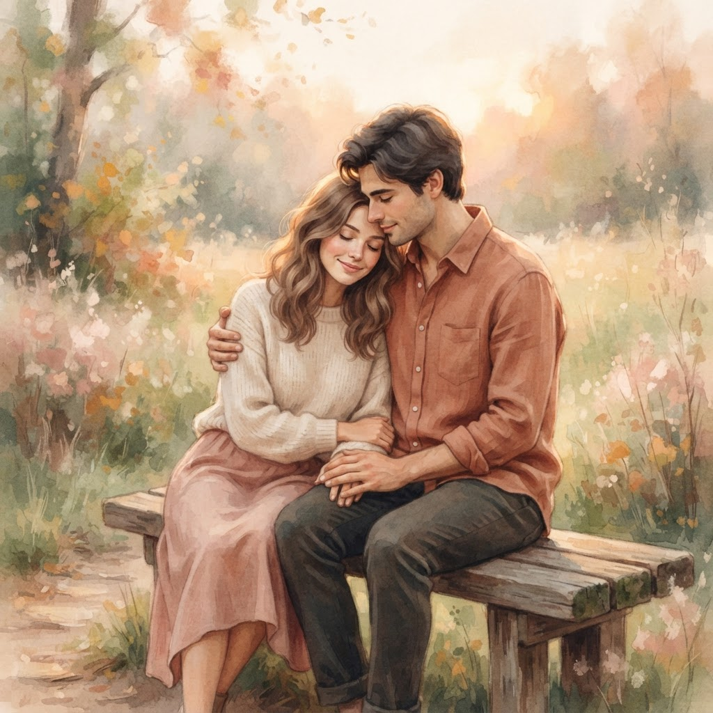 An illustration of a couple sharing a quiet, tender moment together
